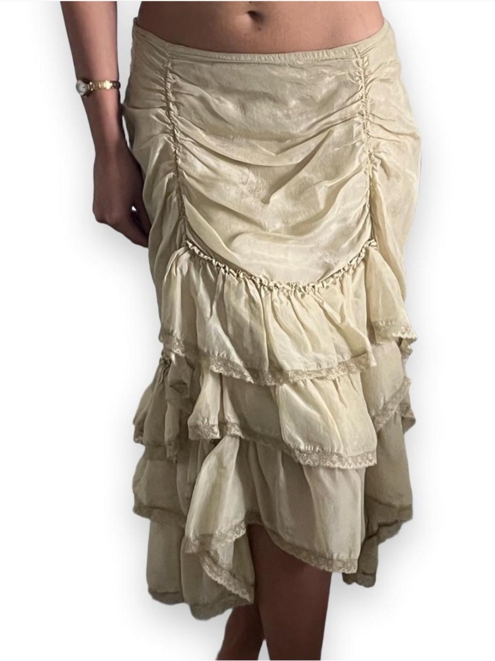 Free People Cream Tiered High-Low Ruffle Skirt